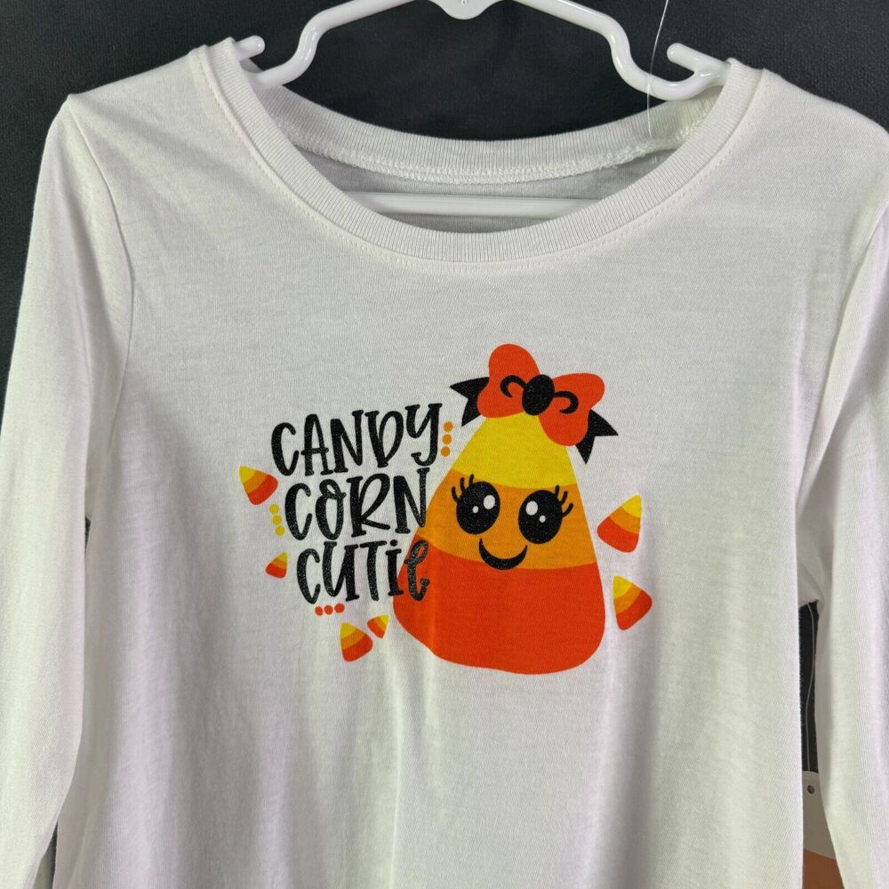 Kids Candy Corn Halloween Long Sleeve Shirt White Size 6 Glitter Print Unicorn - Picture 2 of 8